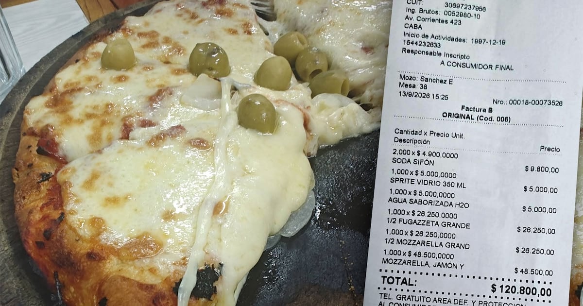 Una salida a una pizzería clásica de Buenos Aires: $120.800 por dos mitades, una pizza entera y cuatro bebidas